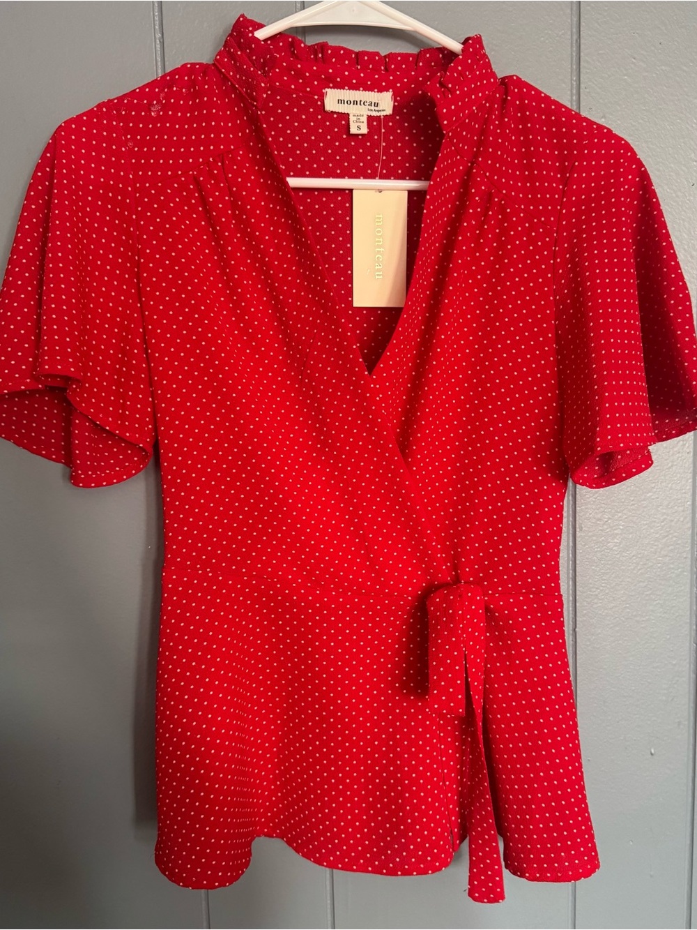 NWT Monteau Red Polka Dot Wrap Blouse, Size Sm